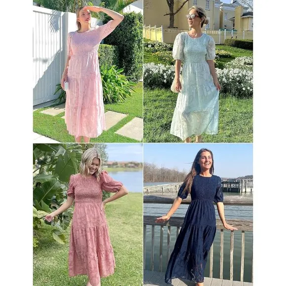 Women's 2024 Summer Puff Sleeve Smocked Floral Dress Crewneck Lace Flowy Tiered