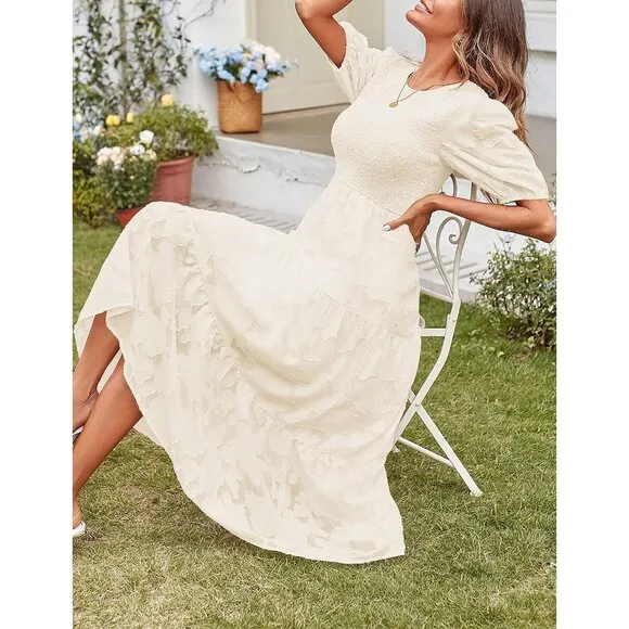 Women's 2024 Summer Puff Sleeve Smocked Floral Dress Crewneck Lace Flowy Tiered