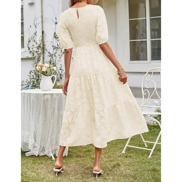 Women's 2024 Summer Puff Sleeve Smocked Floral Dress Crewneck Lace Flowy Tiered