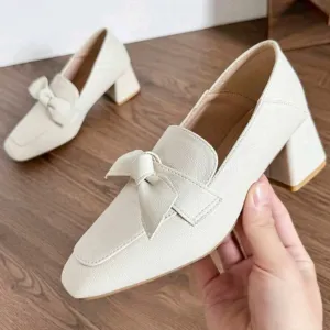 Women's New Thick Heel Loafer Shoes With Large Bow,Milky White High Heels