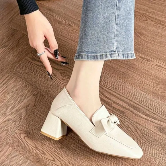 Women's New Thick Heel Loafer Shoes With Large Bow,Milky White High Heels