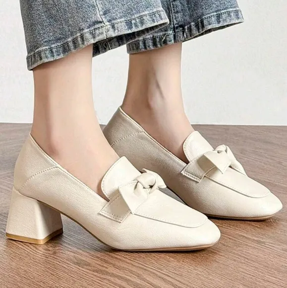 Women's New Thick Heel Loafer Shoes With Large Bow,Milky White High Heels