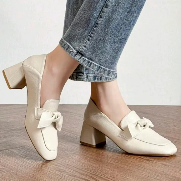 Women's New Thick Heel Loafer Shoes With Large Bow,Milky White High Heels