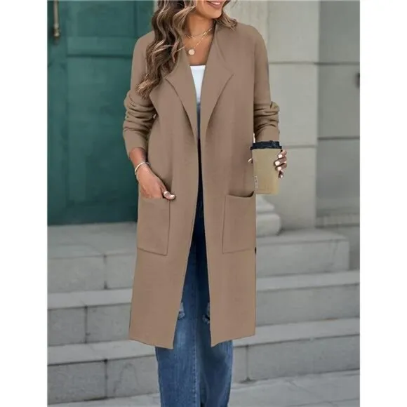 Women's Open Front Coatigan - Long Sleeve‎ Knit Cardigan with Pockets, Khaki