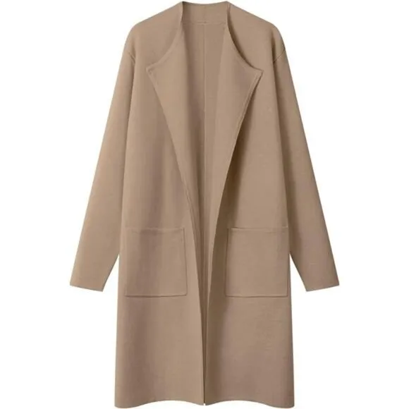 Women's Open Front Coatigan - Long Sleeve‎ Knit Cardigan with Pockets, Khaki