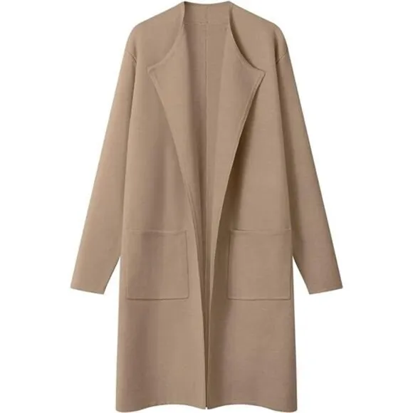 Women's Open Front Coatigan - Long Sleeve‎ Knit Cardigan with Pockets, Khaki