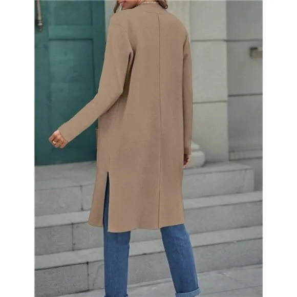 Women's Open Front Coatigan - Long Sleeve‎ Knit Cardigan with Pockets, Khaki