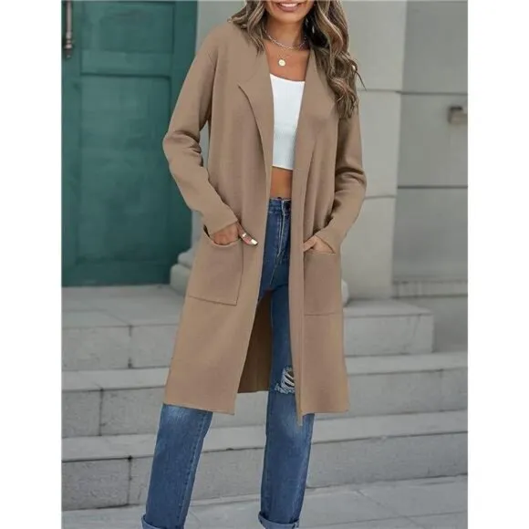 Women's Open Front Coatigan - Long Sleeve‎ Knit Cardigan with Pockets, Khaki