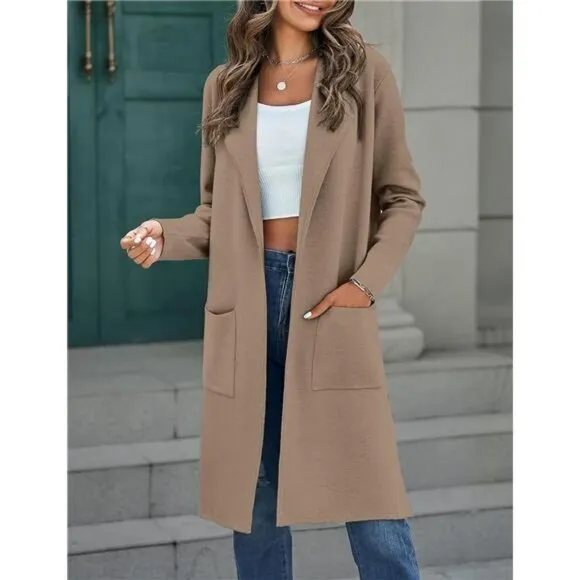 Women's Open Front Coatigan - Long Sleeve‎ Knit Cardigan with Pockets, Khaki