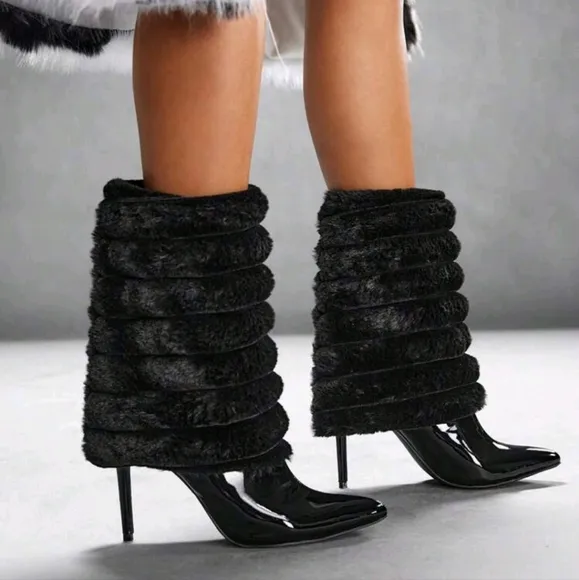 Women's Pointed Toe Stiletto Furry Layered Sexy Versatile Elegant Boots