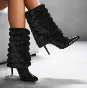 Women's Pointed Toe Stiletto Furry Layered Sexy Versatile Elegant Boots