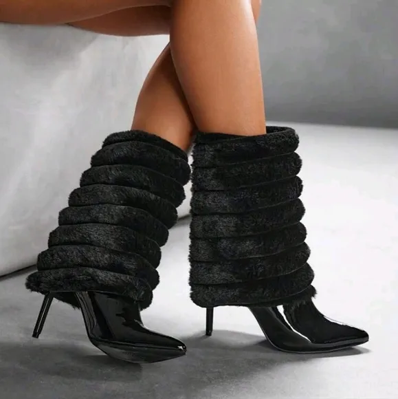 Women's Pointed Toe Stiletto Furry Layered Sexy Versatile Elegant Boots