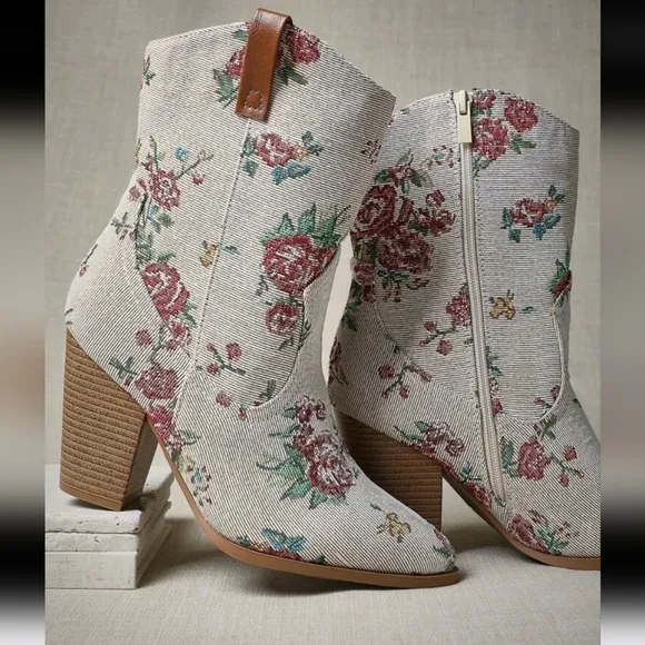 Women's Rose Floral Embroidered Angled Block Heel Point Toe Western Short Boots