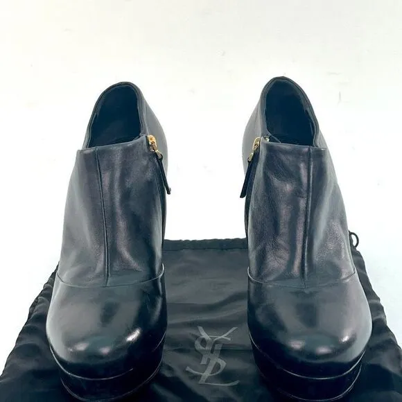 YSL Yves Saint Laurent Leather Gisele Platform Ankle Booties Black Size 39/8.5